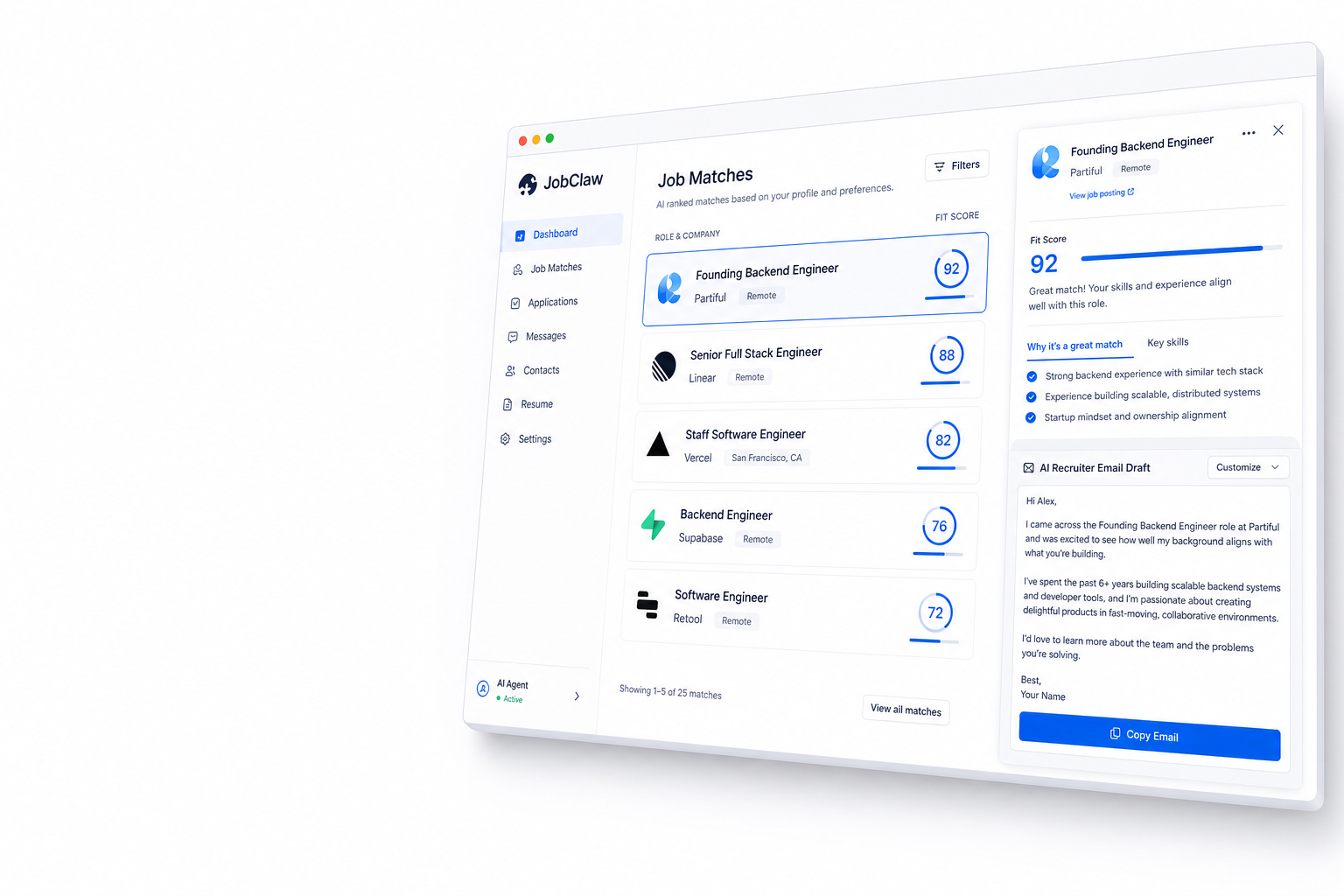 JobClaw dashboard showing ranked job matches and fit scores