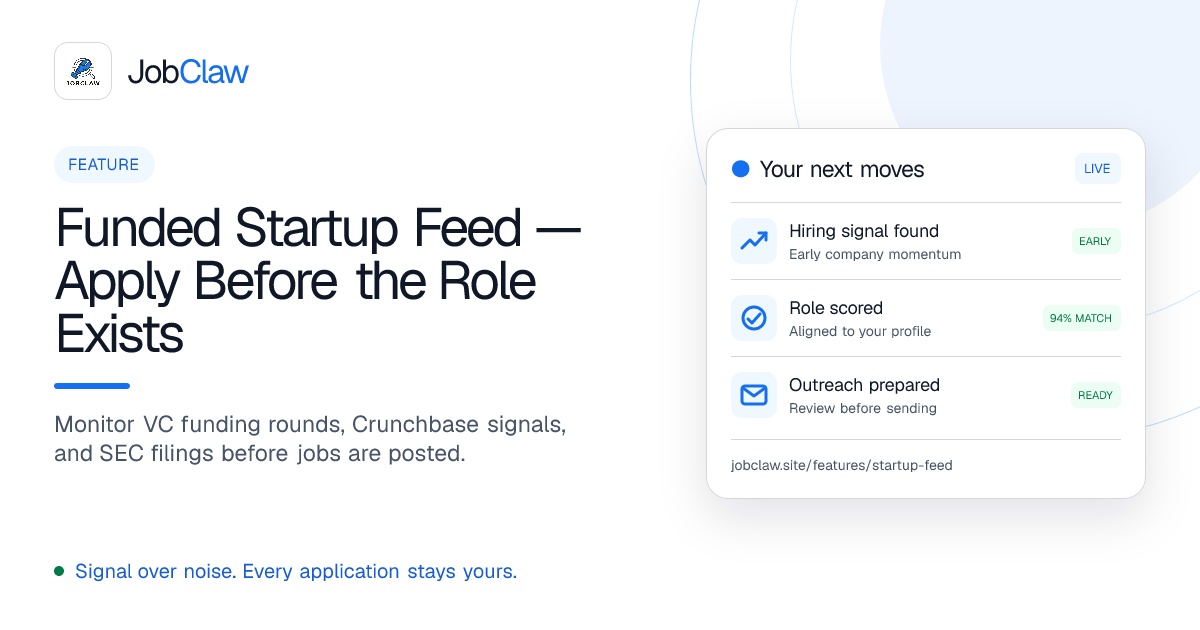 JobClaw startup feed overview